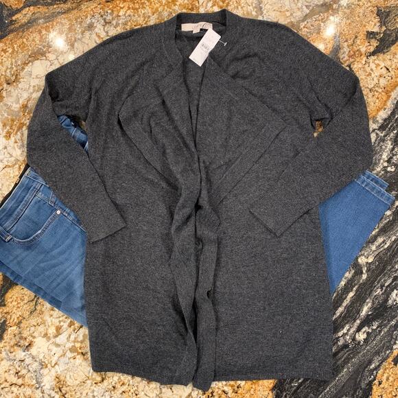 NWT LOFT Dark Charcoal Grey Draped Soft Knit Open Cardigan Sweater - SIZE S - Picture 2 of 8